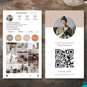 Instagram-visitekaartje voor fotografen, verticaal visitekaartje met QR-code, bewerkbaar fotografievisitekaartje voor sociale media
