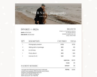 Puede incluir: Factura por servicios de fotografía con un total de 1081 €. La factura incluye una sesión de fotografía, un paquete adicional para hermanos, 12 impresiones de 8x10, un álbum de fotos y un lienzo de 12x12.