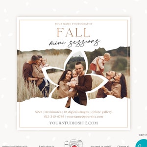 Redigerbar flygblad för höstens minifotograferingar | Canva-mall för marknadsföring av höstens familjefotografering | Höstminis | C10
