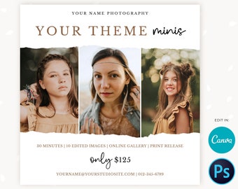 Mini Session Template, Canva, Photoshop, Mini session marketing, Photography marketing, Neutral mini sessions template, Your Theme minis