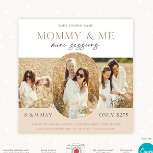 Canva Mommy and Me Mini Session Template, bewerkbare Moederdag Mini Sessions marketing voor fotografen, geweldig als Instagram-post of -kaart