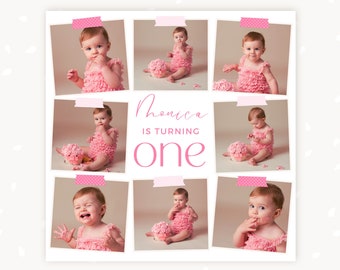 Cake smash photo collage template, First birthday, Cake smash collage, Cake smash mini session collage, Baby collage, Canva template