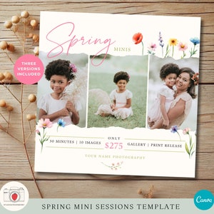 Frühling Mini Sitzungen Canva Vorlage | 3-Foto Floral Marketing Design für Fotografen | Bearbeitbare Fotografie Promo