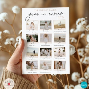 Könnte beinhalten: Eine personalisierte Familien-Jahresrückblick-Fotocollage für 2024 mit zwölf kleinen Fotos, eines für jeden Monat. Der Text enthält "The Johnson Family" und Monatsbezeichnungen wie "Januar" und "Dezember" mit Bildunterschriften.