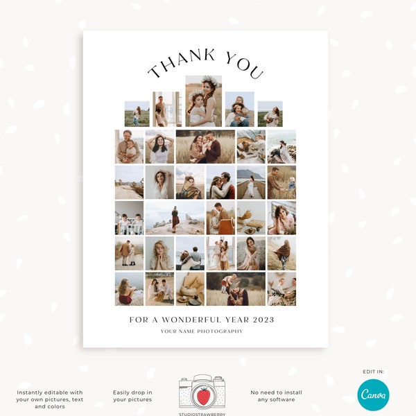 Customizable Arc-Shaped Thank You Photo Collage Template, Elegant End-of-Year Storyboard for Photographers, New Year Blog Board Canva Design