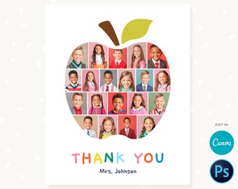 Editable Teacher Appreciation Photo Collage - Custom Thank You Gift from Students, Apple Shaped Classroom Photo Keepsake, edit in free Canva