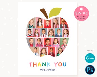 Editable Teacher Appreciation Photo Collage - Custom Thank You Gift from Students, Apple Shaped Classroom Photo Keepsake, edit in free Canva