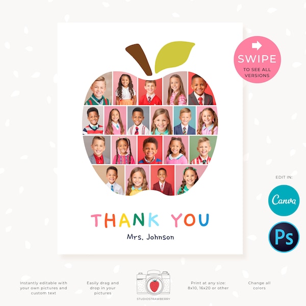 Collage de fotos editable de agradecimiento al profesor: regalo de agradecimiento personalizado de los alumnos, foto de recuerdo del aula con forma de manzana, edita en Canva gratis
