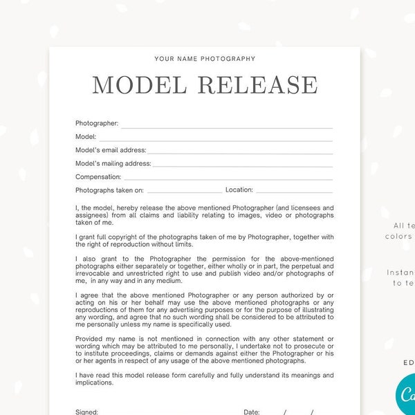 Model Release Form, Photography Forms, Model Release Forms For Photographer, Photography Contract, Templates for Photographers, Canva, C05