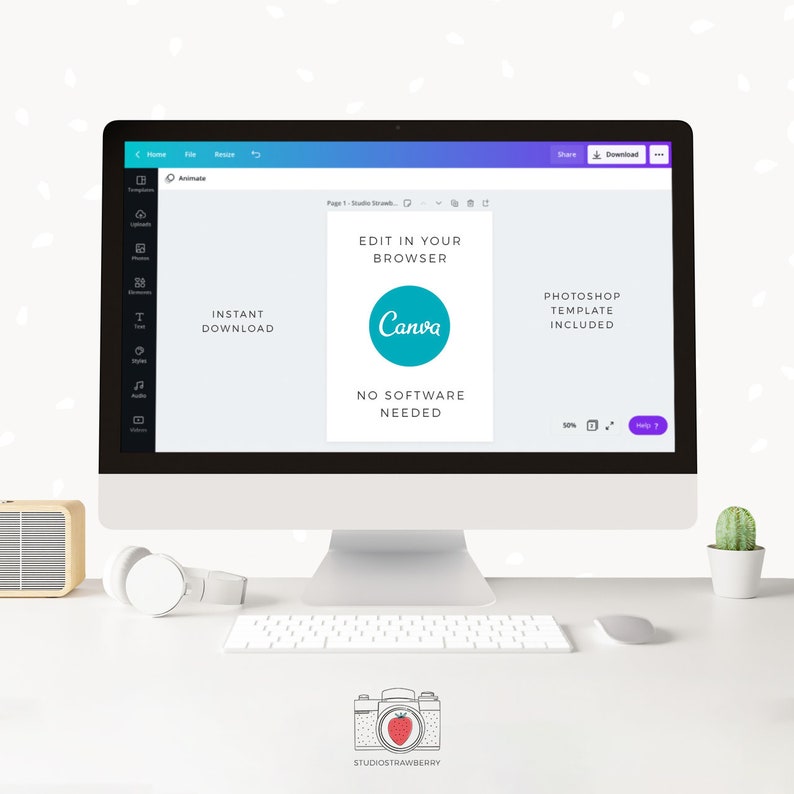 Pode incluir: Um computador de mesa exibindo um modelo de design Canva. A tela mostra o logotipo do Canva, com o texto &laquo;Editar no seu navegador&raquo;, &laquo;Download instant&acirc;neo&raquo; e &laquo;Modelo Photoshop inclu&iacute;do&raquo;. Um teclado, um mouse, fones de ouvido e um pequeno cacto est&atilde;o na mesa branca.