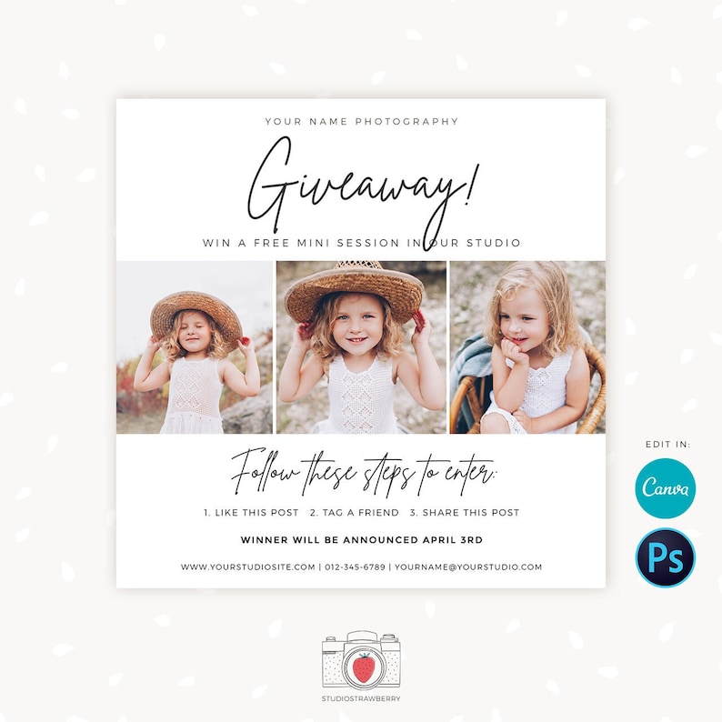 May include: A promotional graphic for a photography giveaway. The design features three photos of a young girl wearing a straw hat and white dress. Text includes "Giveaway!" and instructions on how to enter, along with website and contact information.