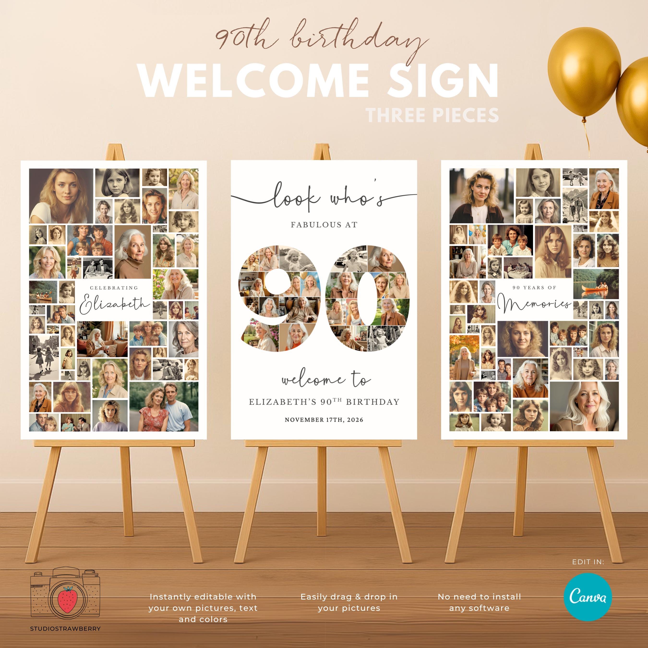 Editable 90th Birthday Welcome Sign Template with Photo Collage | Printable Canva Poster for 90th Birthday Party | Number Photo Sign