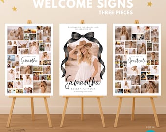 Black Bow Graduation Welcome Sign Set of 3, Senior Photo Collage Poster, Class of 2026 Party Sign Template Canva