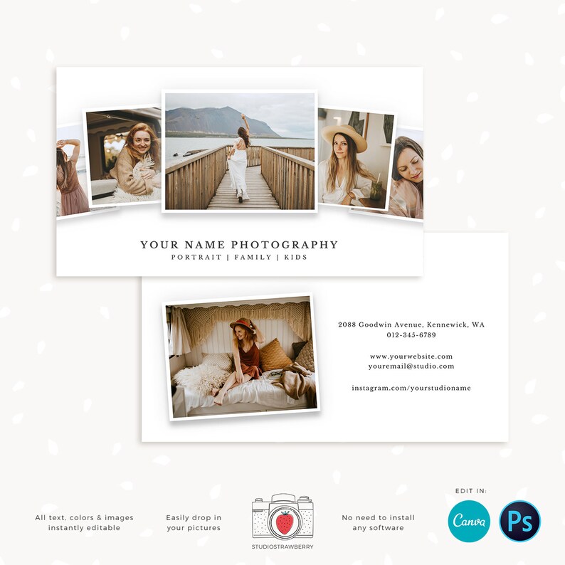 May include: A white business card design with a photography theme. The card features a collage of photos, the text "YOUR NAME PHOTOGRAPHY" and contact information. The card also includes the text "PORTRAIT | FAMILY | KIDS".