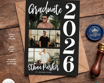 May include: A graduation photo card template with three photos, the word "Graduate" in script, and the year "2026" in large numbers. The card is black with white text and includes the name "Ethan Parker".