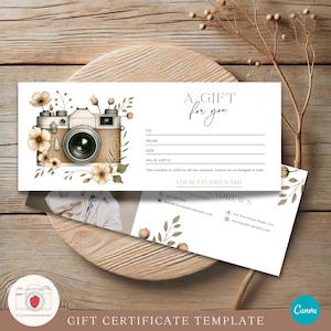 Bearbeitbare Fotografie Geschenkgutschein Vorlage Canva | Druckbare Blumen Kamera Geschenkgutschein | Personalisierbare Fotografie Geschenkkarte