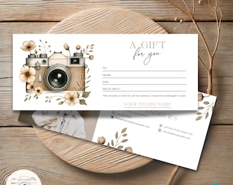 Editable Photography Gift Certificate Template Canva | Printable Floral Camera Gift Voucher | Customizable Photography Gift Card
