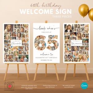 Placa de boas-vindas para 65º aniversário com colagem de fotos, modelo editável do Canva, pôster de 65º aniversário para impressão, colagem de números, download instantâneo