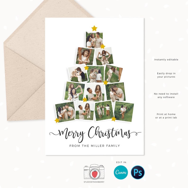 Christmas card template 'Christmas tree', Canva, Christmas photo card template, Christmas tree photo collage, Holiday card photo collage 