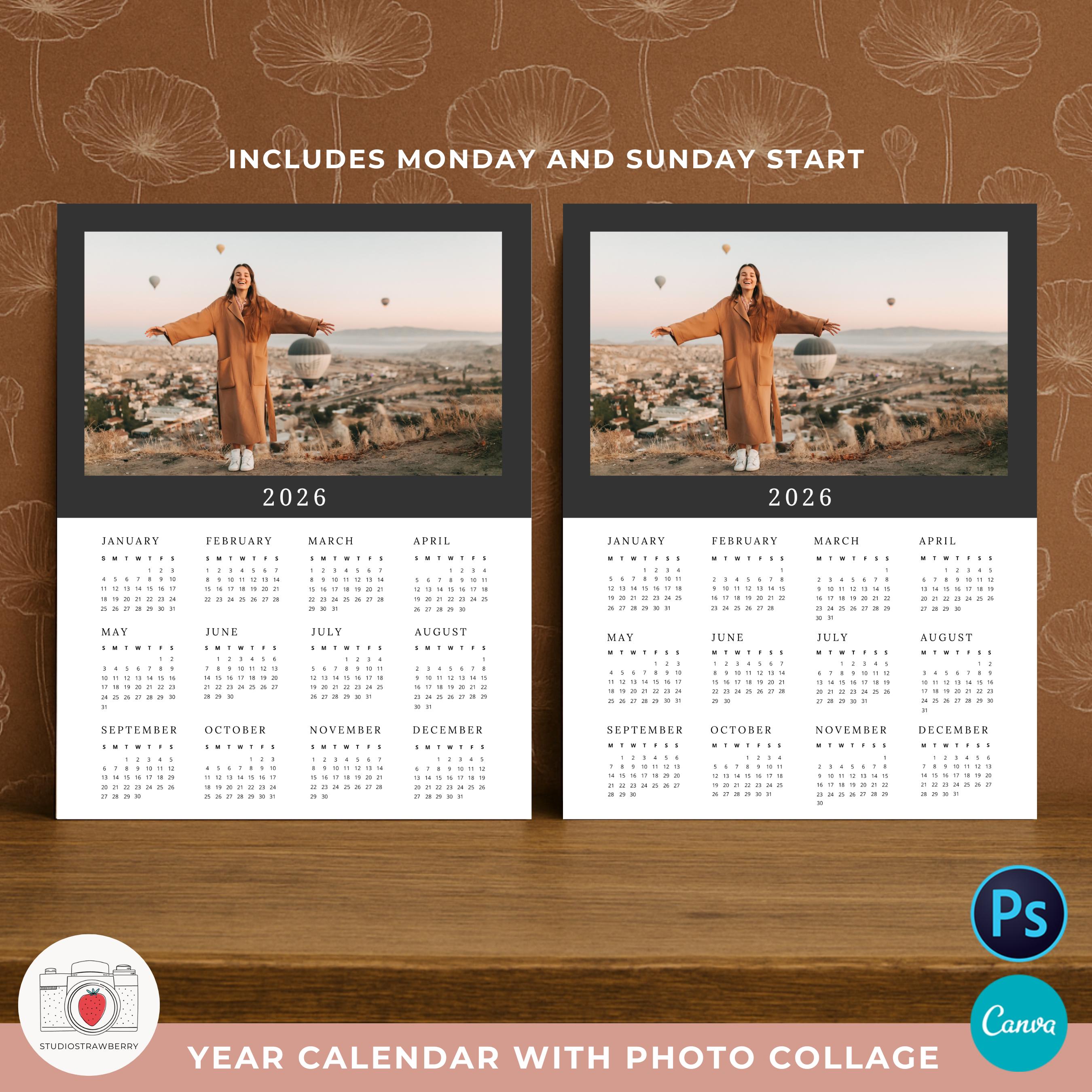 2026 One Page Photo Calendar Template Printable, Editable Canva ...