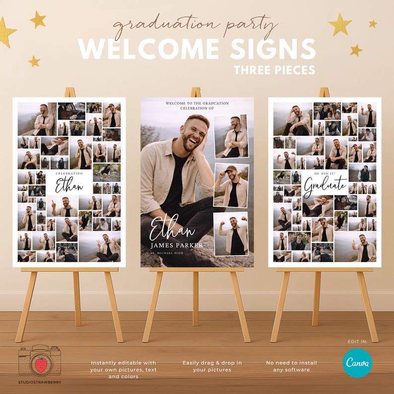 Graduation Welcome Sign Boy Photo Collage Set of 3, Editable Canva ...