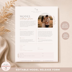 May include: A printable model release form with a family photo, text, and floral accents. The form includes sections for client information, signature, and a release and waiver. The design is in soft neutral tones.
