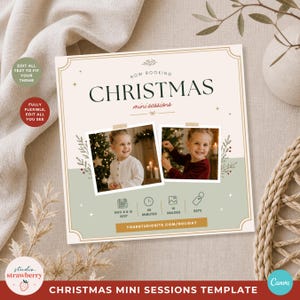 Può includere: Un modello quadrato per mini sessioni natalizie con sfondo color crema e verde salvia, con due segnaposto per foto di bambini. Il testo recita NOW BOOKING CHRISTMAS mini sessions, con icone per data, durata, numero di immagini e prezzo.