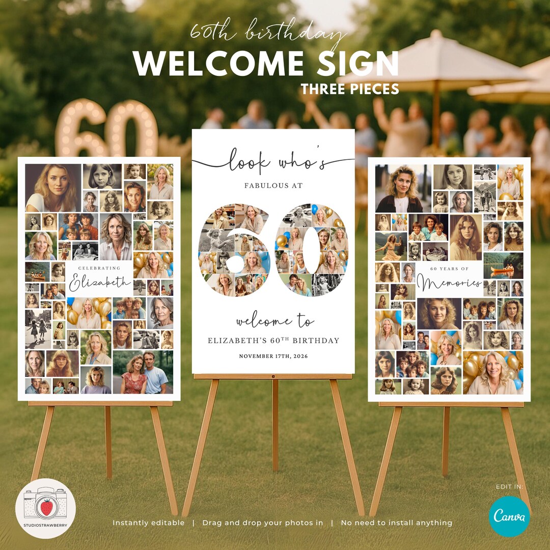 Buy Editable 60th Birthday Welcome Sign With Photos | Canva Photo ...