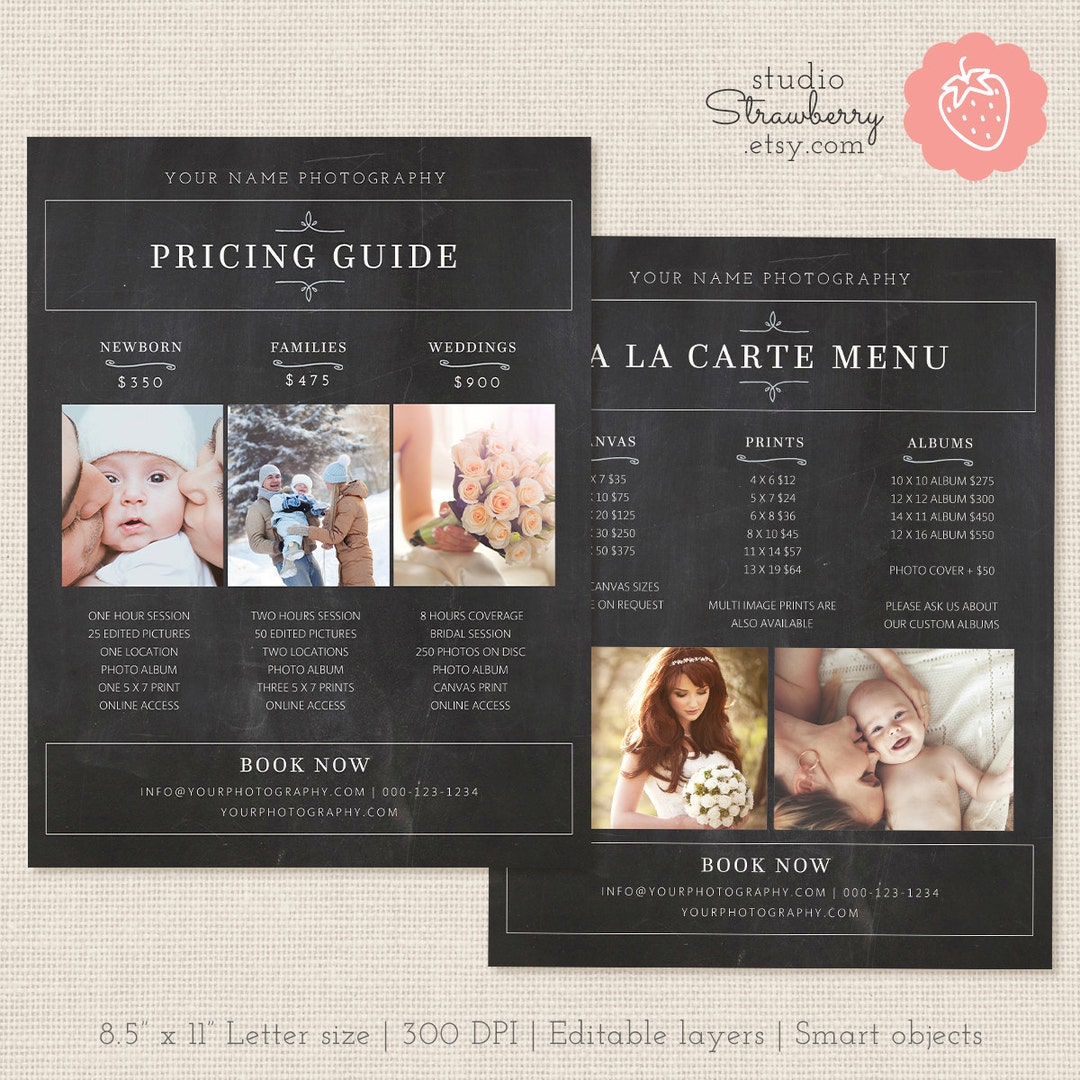 Photography Pricing List, Chalkboard Price List Template,