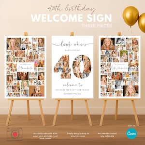 Conjunto de letreros de bienvenida con collage de fotos editables para 40 cumpleaños / Plantilla Canva con collage de fotos de números / Póster imprimible para fiesta de 40 cumpleaños