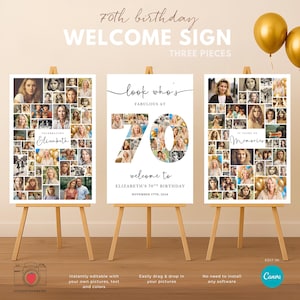 Letrero de bienvenida editable para 70 cumpleaños, plantillas de collage de fotos en lienzo con el número 70, póster imprimible para decoración de 70 cumpleaños para hombres y mujeres.