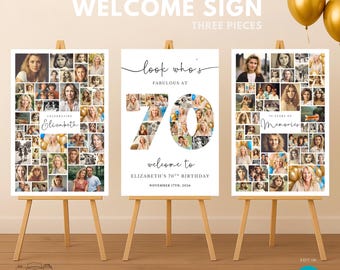 Editable 70th Birthday Welcome Sign Set, Number 70 Photo Collage Canva Templates, Printable 70th Birthday Poster Decoration for Men & Women