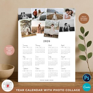 May include: A white year calendar for 2026 with a photo collage at the top. The calendar includes photos and the text "YOUR NAME HERE". The calendar also includes the text "YEAR CALENDAR WITH PHOTO COLLAGE".