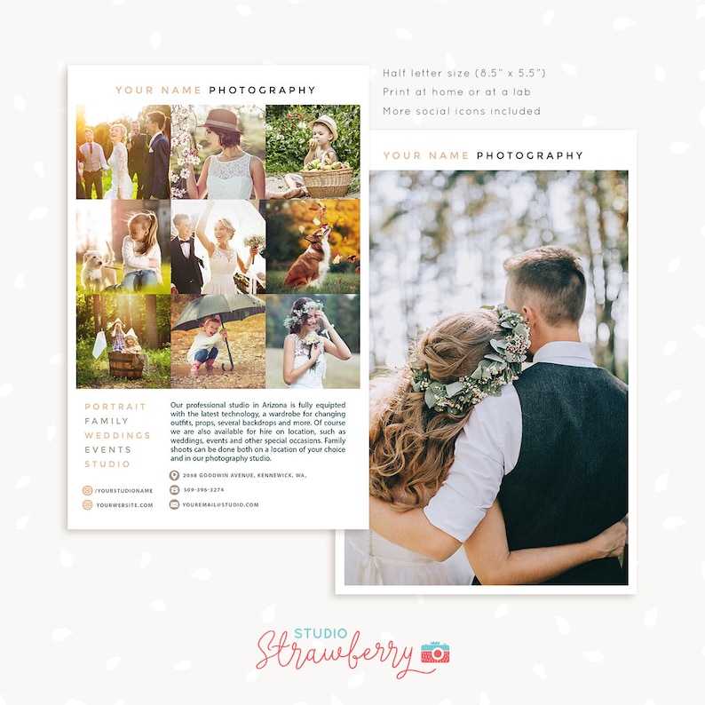 Mallar för fotografiflygblad, mall för fotografibroschyr, broschyr med halva bokstäverna, broschyr med en sida, fotografflygblad, collagekontaktkort bild 1