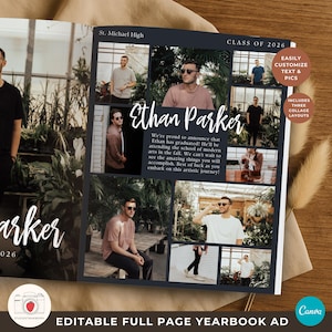 May include: A full-page yearbook advert with a collage of photos of Ethan Parker. The advert includes the text "Ethan Parker" and "Class of 2026". The advert also includes the text "Easily Customize Text & Pics" and "Includes Three Collage Layouts".