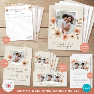 Pacchetto marketing per mini sessioni mamma e figlio, promozione mini per la festa della mamma, modello Canva per la fotografia, post sui social media, volantino, e-mail, guida