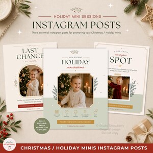 May include: Three digital templates for holiday mini session Instagram posts. Each template features a cream background, green accents, and placeholders for photos of children. Text includes "LAST CHANCE TO BOOK," "HOLIDAY mini sessions," and "BOOK EARLY, SAVE YOUR SPOT."