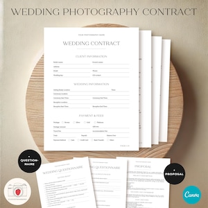 May include: A wedding photography contract template with sections for client information, wedding information, payment and fees, and a wedding questionnaire. The contract is printed on white paper and has a minimalist design.