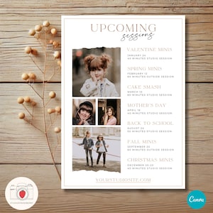 Aankomende fotografiesessies foldersjabloon | Bewerkbaar Canva-schema en aankondigingssjabloon | Marketingkalender