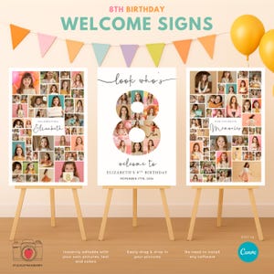 Könnte beinhalten: Drei Willkommensschilder für eine Feier zum 8. Geburtstag. Jedes Schild zeigt eine Collage von Fotos eines jungen Mädchens. Die Schilder stehen auf hölzernen Staffeleien, mit einem Banner und Luftballons im Hintergrund. Der Text enthält "Welcome Signs" und "Elizabeth's 8th Birthday."