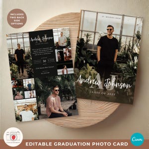 Monogramafstudeeraankondiging voor jongens | Bewerkbare Canva Grad-kaart | Class of 2025 Grad-uitnodiging heren met fotocollage