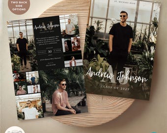 Monogram Graduation Announcement for Guys | Editable Canva Grad Card | Class of 2025 Men’s Grad Invitation with Photo Collage