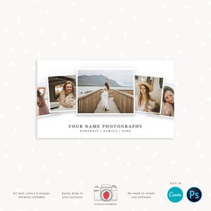 May include: A white photography template with four photo frames. The text "YOUR NAME PHOTOGRAPHY | PORTRAIT | FAMILY | KIDS" is below the frames. Additional text includes "All text, colors & images instantly editable", "Easily drop in your pictures", and "EDIT IN: Canva Ps".