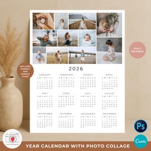 Editable 2026 Photo Calendar Template Canva & Photoshop | Year at a Glance Calendar with Photo Collage | One Page Printable Wall Calendar