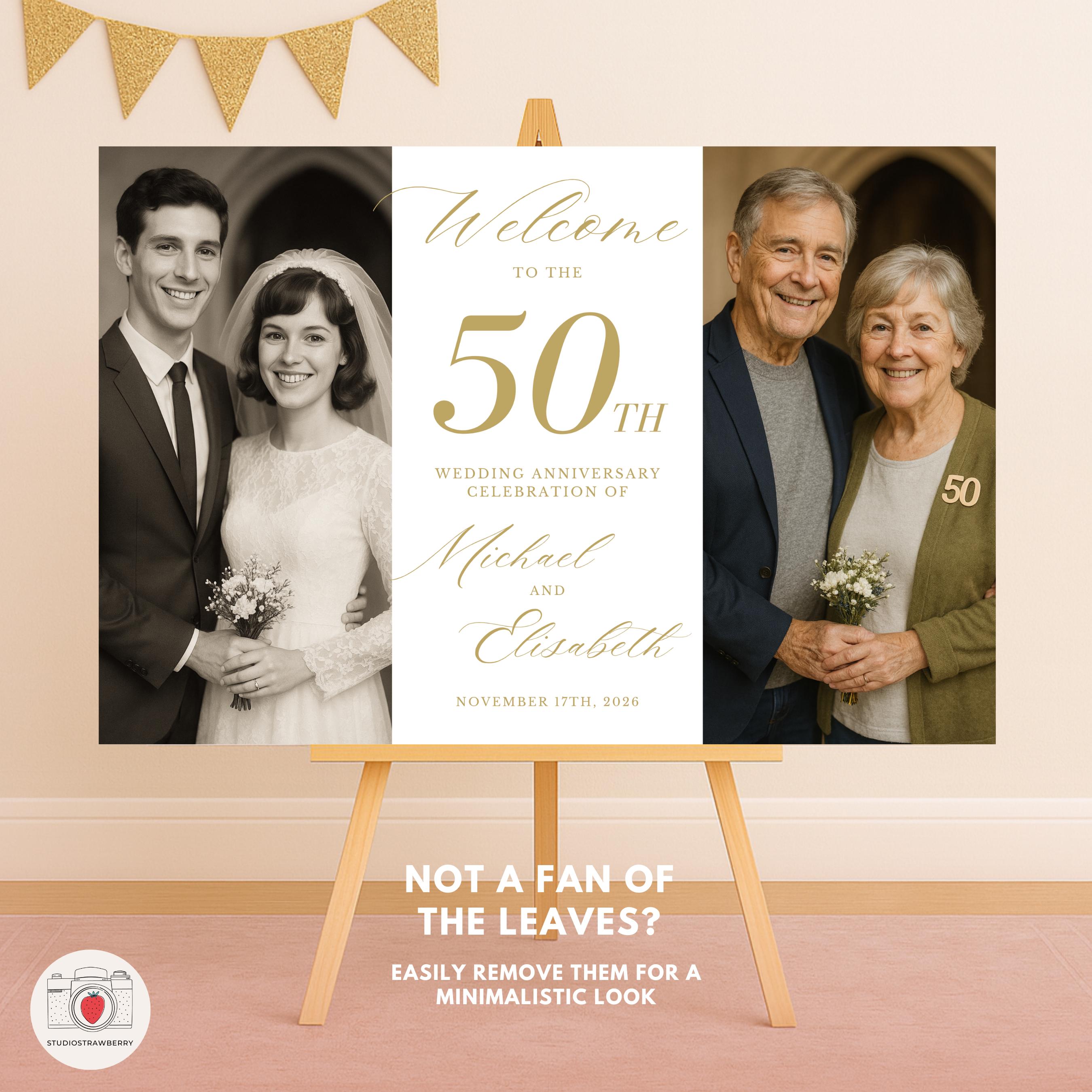 ウェディング ウェルカムグッズ 結婚50周年記念ウェルカムボードテンプレート、金婚式フォトコラージュ
