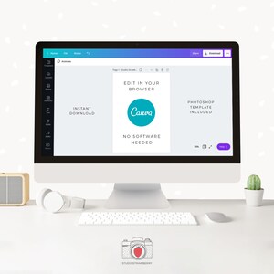 May include: A desktop computer displaying a Canva design template. The screen shows the Canva logo within a teal circle, with the text "EDIT IN YOUR BROWSER" and "NO SOFTWARE NEEDED." The words "INSTANT DOWNLOAD" and "PHOTOSHOP TEMPLATE INCLUDED" are also visible. A keyboard, mouse, headphones, and a small cactus are on the desk.