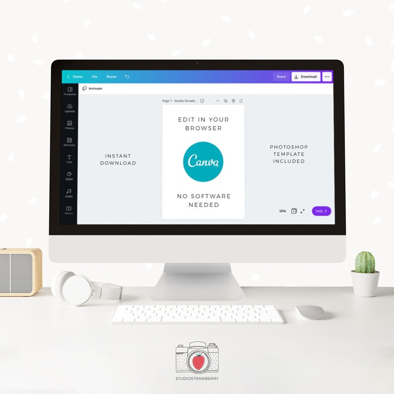 May include: A desktop computer displaying a Canva design template. The screen shows the Canva logo within a teal circle, with the text "EDIT IN YOUR BROWSER" and "NO SOFTWARE NEEDED." The words "INSTANT DOWNLOAD" and "PHOTOSHOP TEMPLATE INCLUDED" are also visible. A keyboard, mouse, headphones, and a small cactus are on the desk.