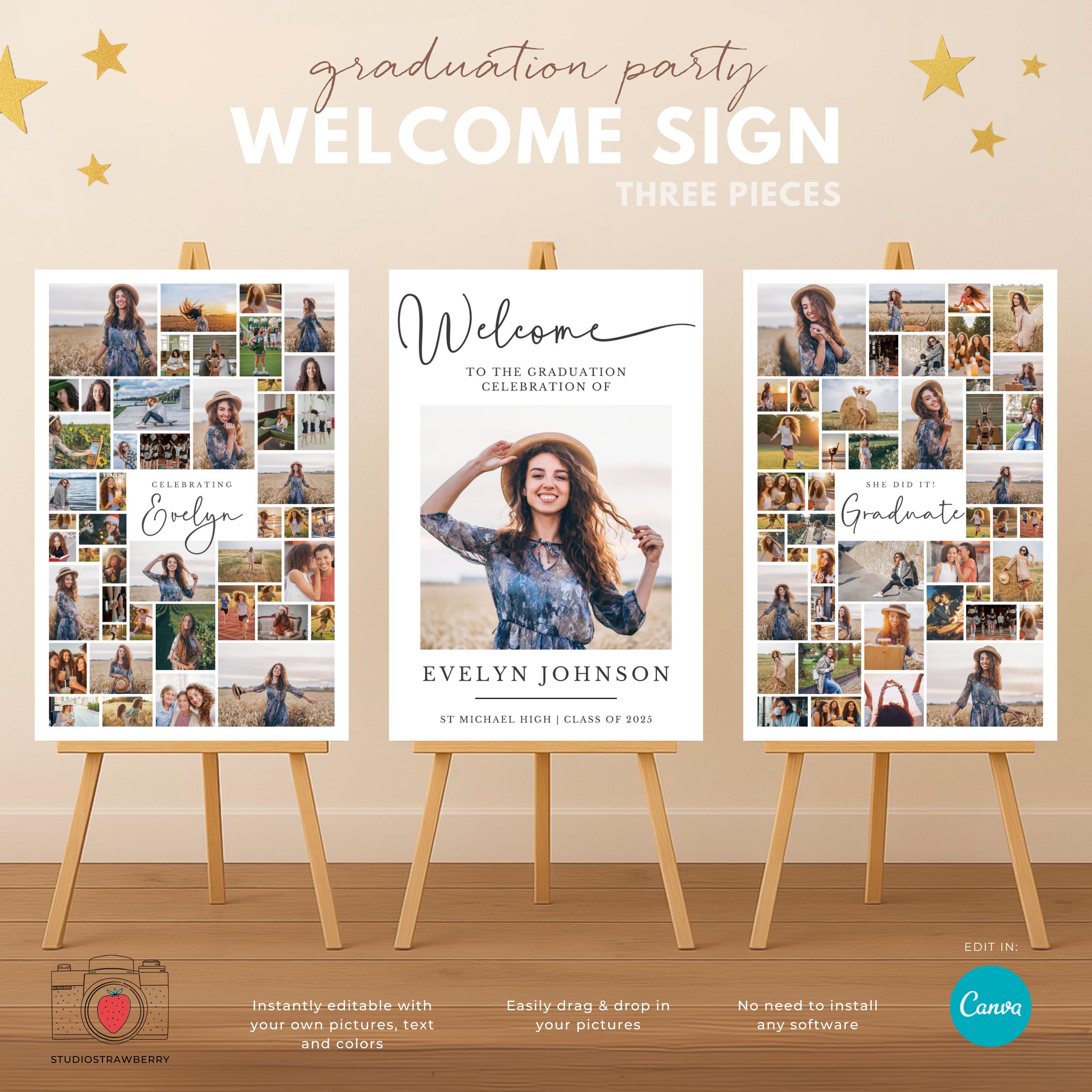 Graduation Welcome Sign Set Canva Template, Senior Photo Collage Poster, Editable Graduation Party Sign, Printable Decor