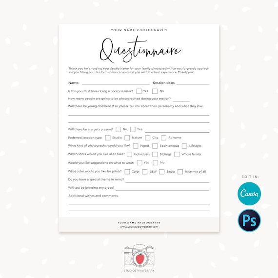 Photography Questionnaire Template Family Photography Etsy
