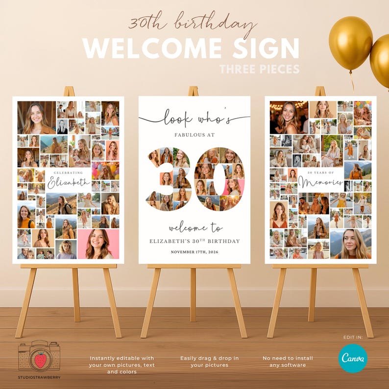 Editable 30th Birthday Photo Collage Sign Set • Canva 30th Birthday ...
